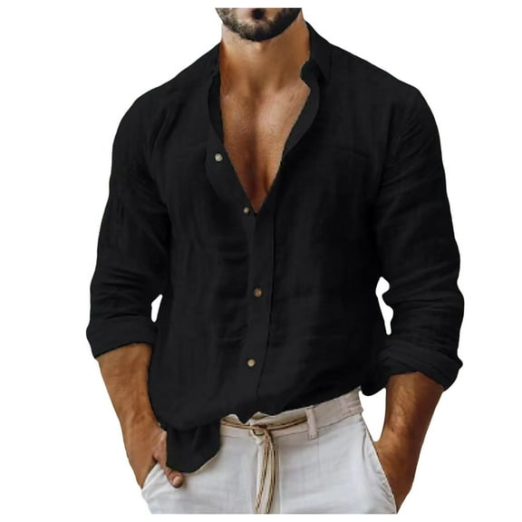 Bcfgryg Men's Solid Colour Cotton Linen Shirt Casual Style Slim Fit Stand Up Collar Long Sleeve Business Casual Shirt Men's Linen Shirts Summer