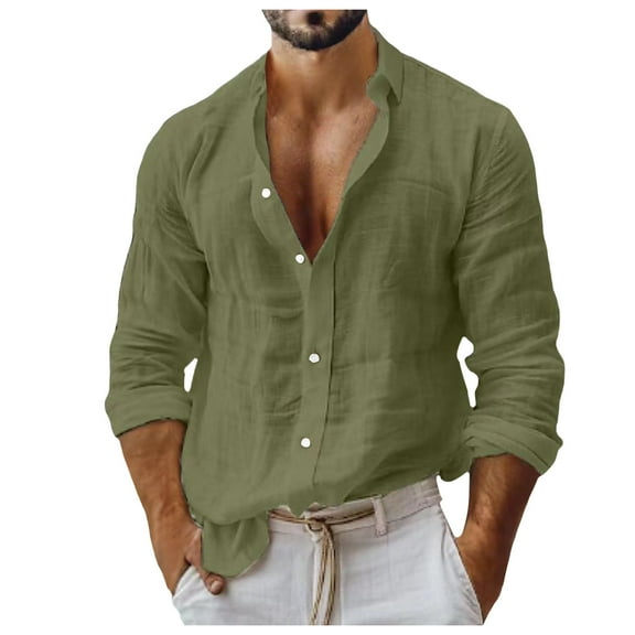 Bcfgryg Men's Solid Colour Cotton Linen Shirt Casual Style Slim Fit Stand Up Collar Long Sleeve Business Casual Shirt Men's Linen Shirts Summer