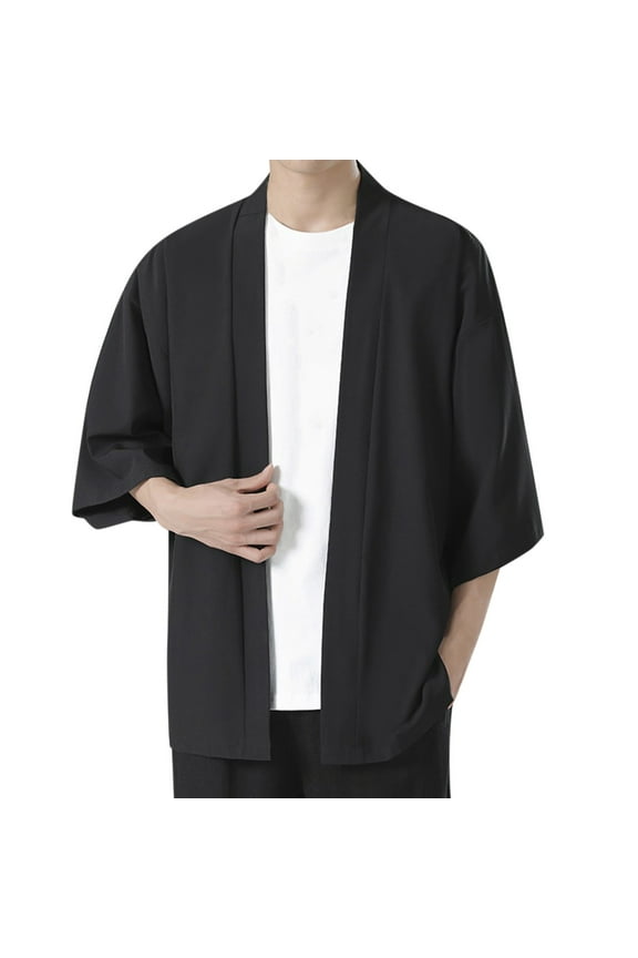 Men's Solid Drop Shoulder Kimono Jacket Open Front Cardigan Cloak Mens Knit Sweater Black XL