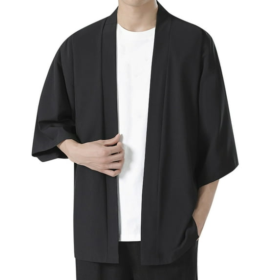 Bcfgryg Men's Solid Drop Shoulder Kimono Jacket Open Front Cardigan Cloak Mens Knit Sweater Black XXXL