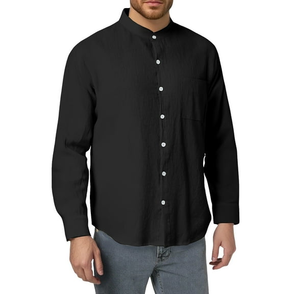 Bcfgryg Men's Spring And Autumn Fashion Linen Long Sleeved Stand Up Collar Shirt Breathable Casual New Chinese Pocket Top Men's Linen Shirts Summer