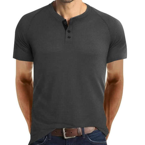 Bcfgryg Men's Spring And Summer Button Round Neck Solid Color Blouse Short-sleeved Top Bottoming Shirt Men’S Casual Shirts Gray