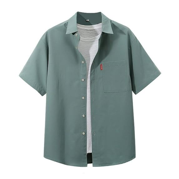 Bcfgryg Men's Spring/summer Solid Color Casual Lapel Large Size Beach Holiday Short Sleeved Shirt Dress Shirts For Men Green