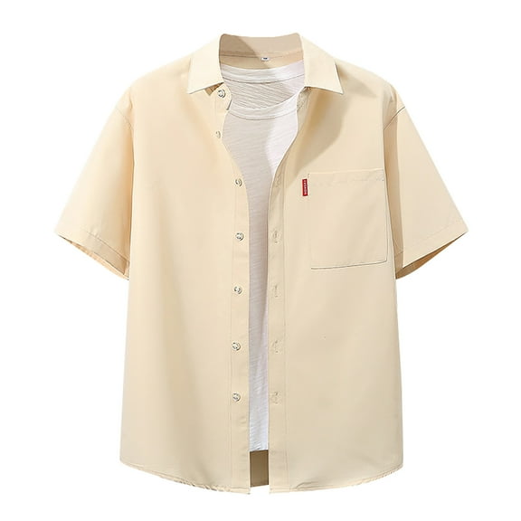 Bcfgryg Men's Spring/summer Solid Color Casual Lapel Large Size Beach Holiday Short Sleeved Shirt Dress Shirts For Men Yellow