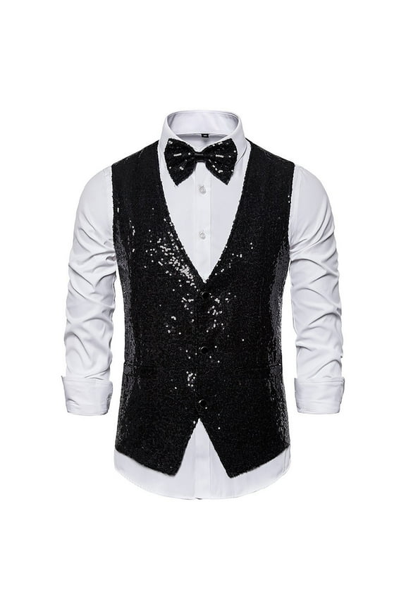 Men's Suit Vest Slim Fit Business Wedding Sleeveless Tank With Cravat Men's Fleece Jacket Black XXXL