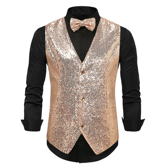 Bcfgryg Men's Suit Vest Slim Fit Business Wedding Sleeveless Tank With Cravat Men's Fleece Jacket Gold XXXL