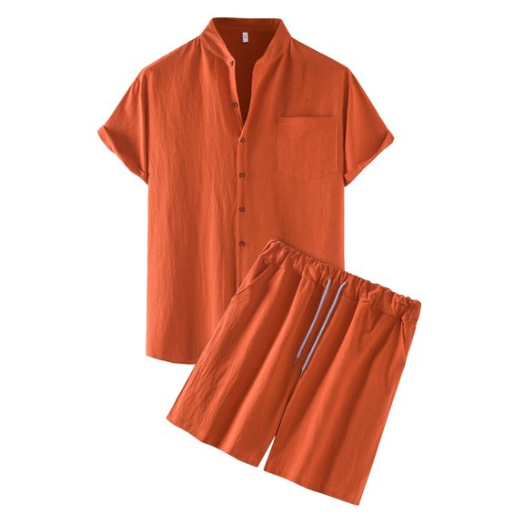 Bcfgryg Men's Summer 2-Piece Beach Cotton Linen Short Sleeve Shirts & Shorts Pants Sets Men’s Summer Sets