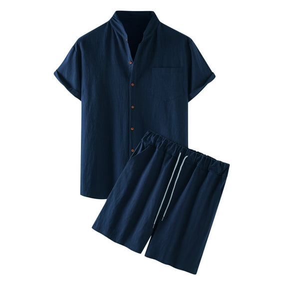 Bcfgryg Men's Summer 2-Piece Beach Cotton Linen Short Sleeve Shirts & Shorts Pants Sets Men’s Summer Sets