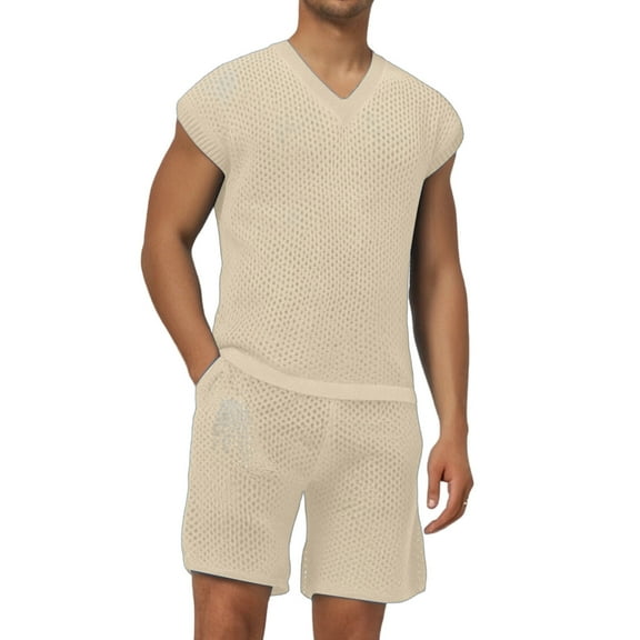 Bcfgryg Men's Summer Casual Sleeveless Open Knit V Neck Vest And Shorts Fashion Set Men’s 2-Piece Sets