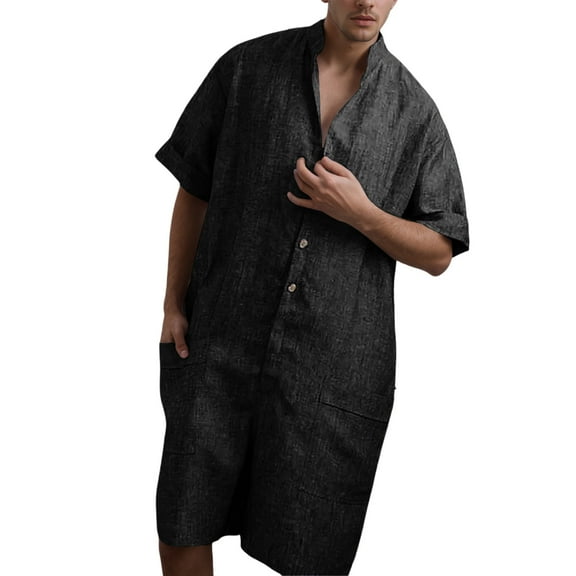 Bcfgryg Men's Summer Casual Style Standing Collar Buttoned Short Sleeve Loose Fit Jumpsuit Shirt Men's Linen Shirts Summer