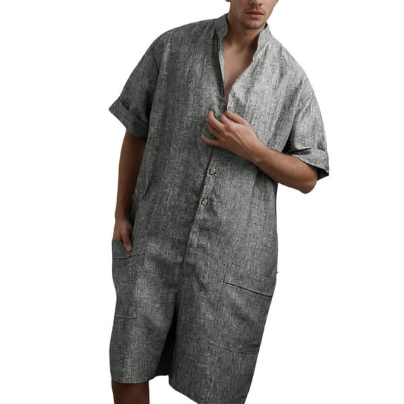 Bcfgryg Men's Summer Casual Style Standing Collar Buttoned Short Sleeve Loose Fit Jumpsuit Shirt Men's Linen Shirts Summer