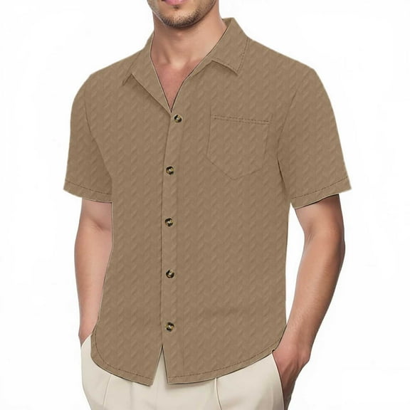 Bcfgryg Men's Summer Fashion Solid Color Button Down Shirt Lapel Short Sleeve Comfortable Top Stretch Comfort Men's Shirts