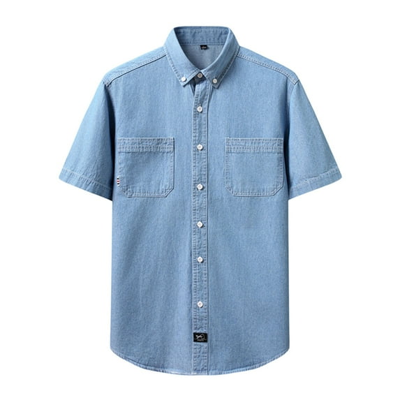 Bcfgryg Men's Summer Lapel Pocket Solid Color Washed Denim Short Sleeve Shirt Business Shirts Men