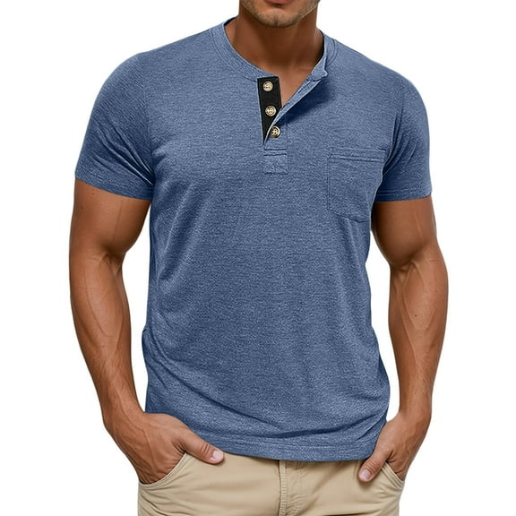 Bcfgryg Men's Summer Short Sleeve Colour Blocking Three Buttons Knitted Crew Neck Pullover T Shirt Men’S Dress Shirts Blue