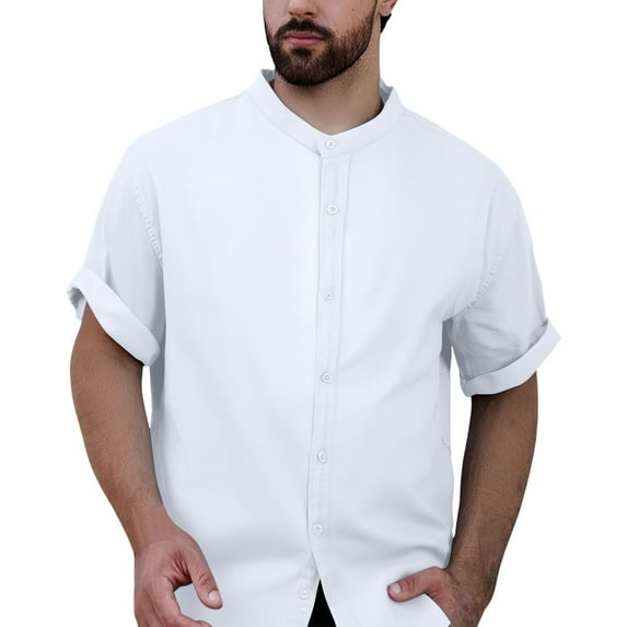Bcfgryg Men's Summer Thin Linen Short Sleeved Shirt Men's Casual Solid Color Linen Stand Collar Shirt Men's Breathable Linen Top Stretch Comfort Men's Shirts