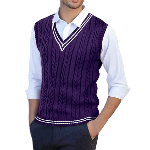 Bcfgryg Men's Sweater Vest Slim Fit Casual Knit Sleeveless Pullover Warm Winter Layering Stretchable Comfortable Lightweight Soft Yarn Crew Neck Mens Sweater Purple M