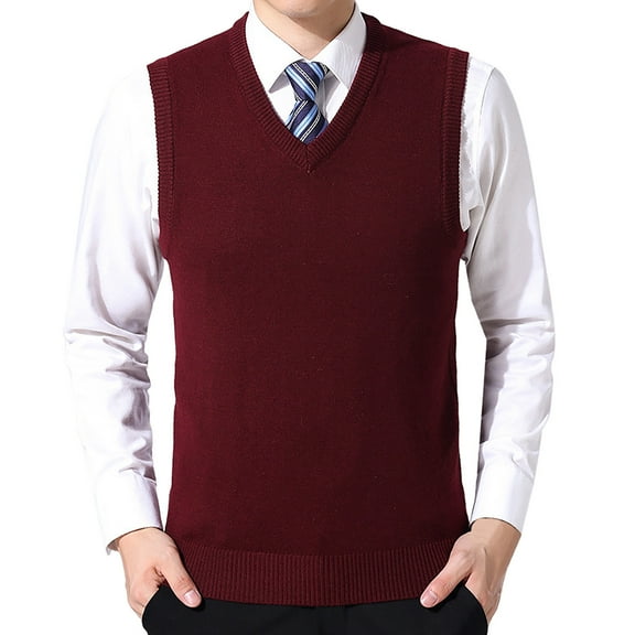 Bcfgryg Men's Thickened Comfort Classic Business Sleeveless Casual Plush Vest Vest V Neck Knitted Thickened Sweaters For Men Red XL