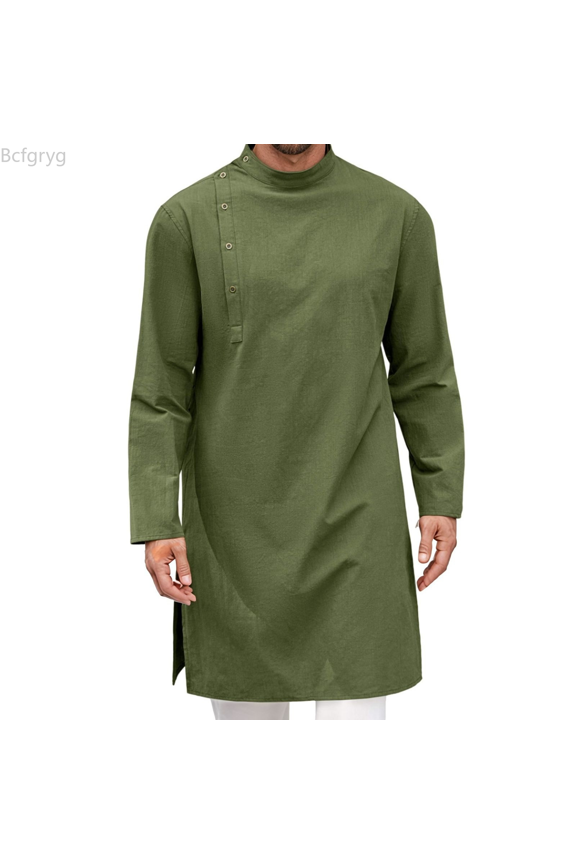 Men's Thobe Long Sleeve Casual Shirt Loose Fit Plain Design Comfortable Breathable Fabric For Spring Summer Daily Wear Big and Tall Shirts Green S
