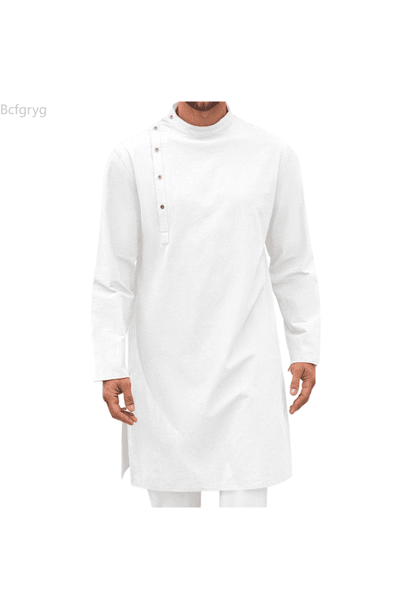 Men's Thobe Long Sleeve Casual Shirt Loose Fit Plain Design Comfortable Breathable Fabric For Spring Summer Daily Wear Big and Tall Shirts White XL
