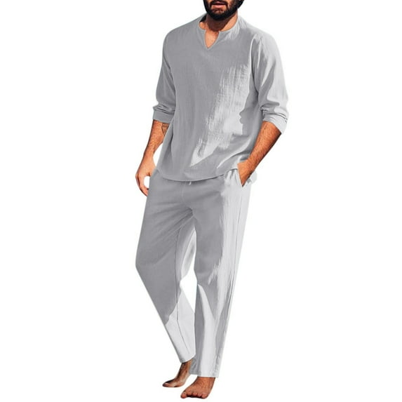 Bcfgryg Men's Two Piece Linen Suit Summer Leisure Suit Plain 2 Piece Long Sleeve Shirt And Beach Trousers Yoga Set Beach Shirt Short Trousers Outfits Men’s Formal Shirt and Trouser Set