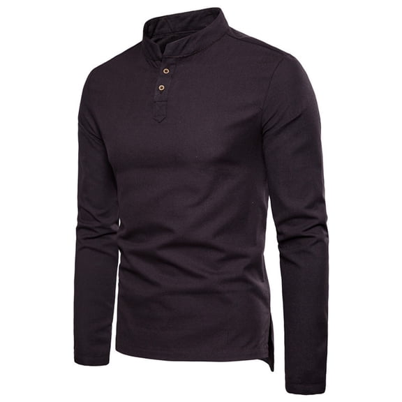 Bcfgryg Men's casual fashion solid color linen stand collar long sleeve slim fit T-shirt Slim Fit Dress Shirts Men Gray