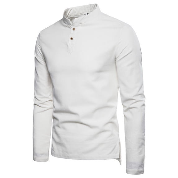 Bcfgryg Men's casual fashion solid color linen stand collar long sleeve slim fit T-shirt Slim Fit Dress Shirts Men White