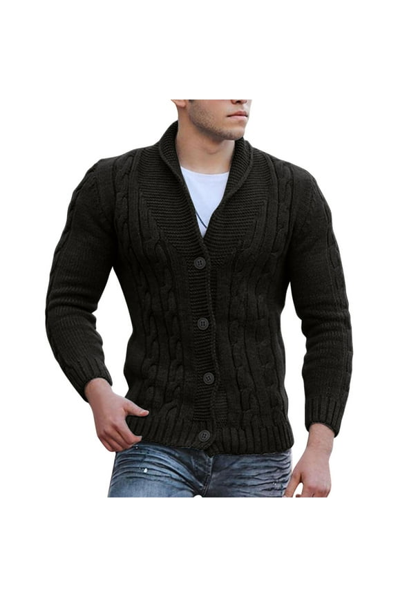 Mens Cable Knit Cardigan Sweater Shawl Collar Loose Fit Long Sleeve Casual Cardigans Mens Cardigans Black L