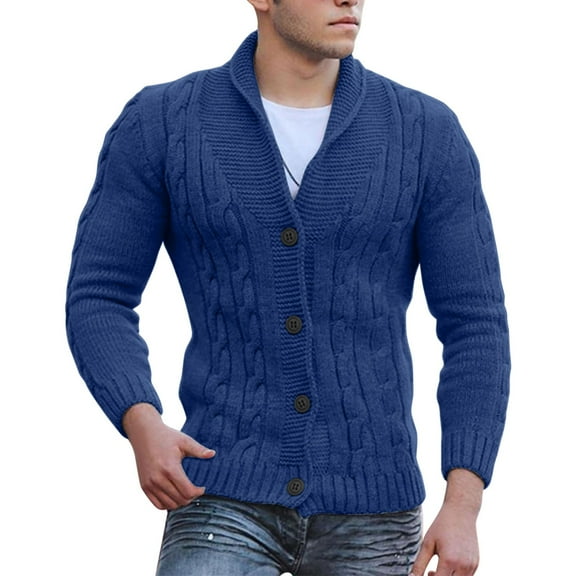 Bcfgryg Mens Cable Knit Cardigan Sweater Shawl Collar Loose Fit Long Sleeve Casual Cardigans Mens Cardigans Blue M