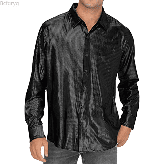 Bcfgryg Mens Casual Dress Shirt Sequined Button Up Shirt Clothing Lapel Bright Face T Shirt Shirt Men Shirts Casual Black M