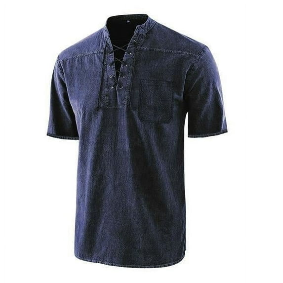 Bcfgryg Mens Casual Shirts Cotton Lace Up Short Sleeve Summer Beach V Neck Top Blue
