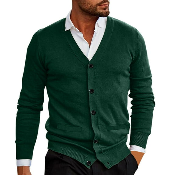 Bcfgryg Mens Casual Slim Fit Cardigans V-Neck Basic Designed Long Sleeve Button Down Green