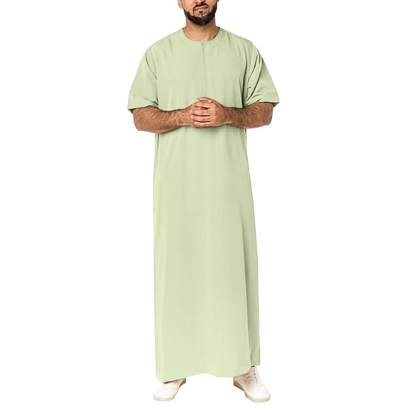 Bcfgryg Mens Casual Solid Round Neck Zipper Robe Short Sleeve Jubba Thobe Stretch Comfort Men's Shirts