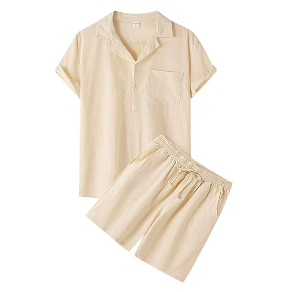 Bcfgryg Mens Casual Spring Solid Color Short Sleeve Turndown Top Shorts Pant Suit Cotton Men’s Formal Shirt and Trouser Set