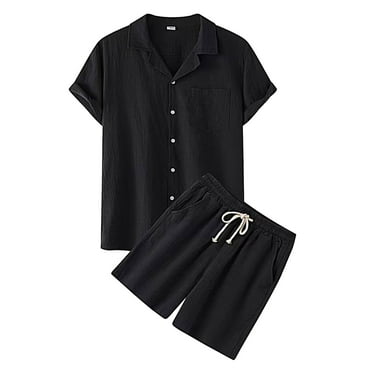 Bcfgryg Mens Casual Spring Solid Color Short Sleeve Turndown Top Shorts Pant Suit Cotton Men’s Formal Shirt and Trouser Set