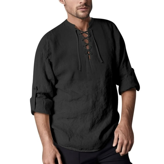 Bcfgryg Mens Collar Long Sleeve Solid Color Casual Fashion Vintage Standing Collar Shirt Stretch Comfort Men's Shirts