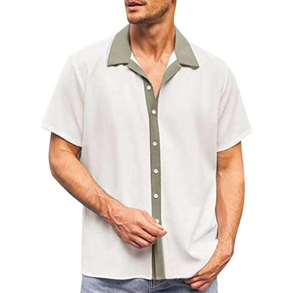 Bcfgryg Mens Color Matching Lapel Button Half Sleeve Shirt T Shirt Short Sleeve Shirt Men’S Dress Shirts Green