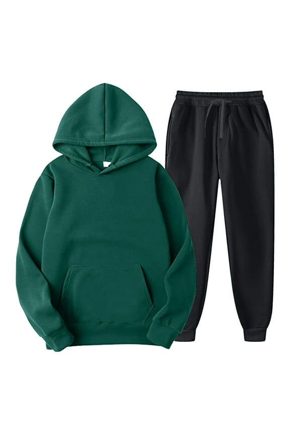 Mens Color Matching Two Piece Hooded Pocket Lace Up Pullover Sweater Pants Set Suits Men’s Athleisure Sets