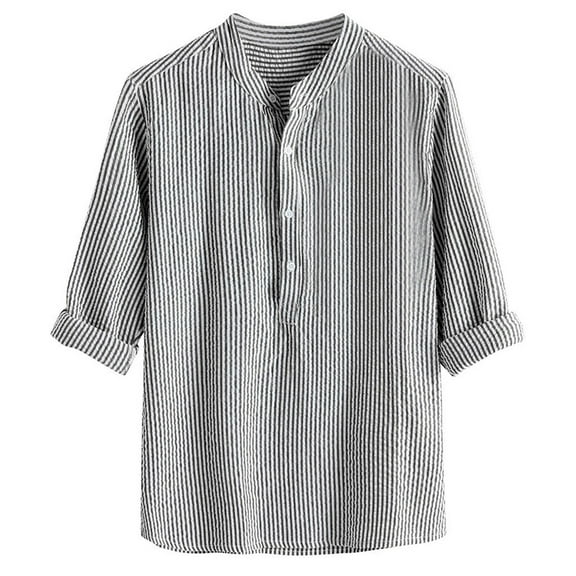 Bcfgryg Mens Fashion Casual Linen Striped Collar Long Sleeve Shirt Top Blouse Men's Casual Shirts