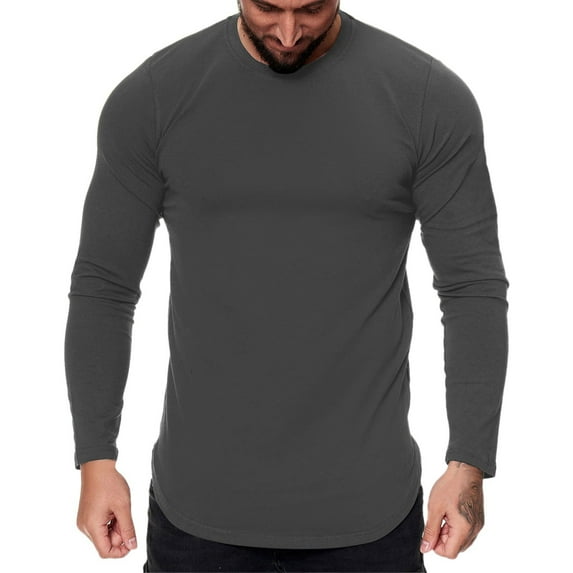 Bcfgryg Mens Fashion Casual Sports Fitness Outdoor Curved Hem Solid Color Round Neck T Shirt Long Sleeve Top Athletic Fit Men’s T-shirts