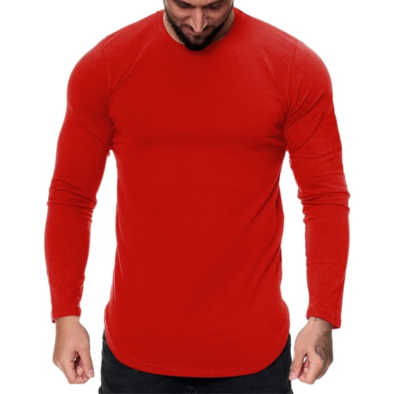 Bcfgryg Mens Fashion Casual Sports Fitness Outdoor Curved Hem Solid Color Round Neck T Shirt Long Sleeve Top Men’s T-shirts