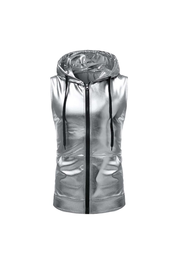 Mens Fashion Dance Bright Color Hooded Drawstring Zippered Vest Mens Coats Silver XXL