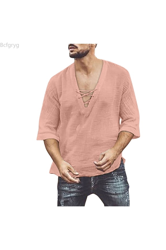 Mens Fashion Shirt Short Sleeve Beach V Neck Drawstring Printing Yoga African Summer Top Men's T Shirts Pink M