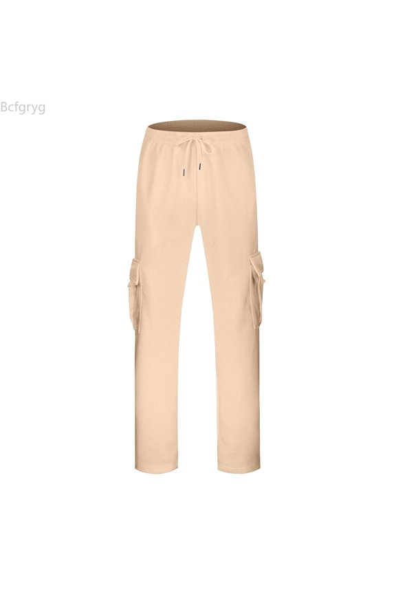Mens Hip Hop Pants Casual Solid Color Track Cuff Lace Up Workout Pants With Pocket Men’s Casual Pants Beige L