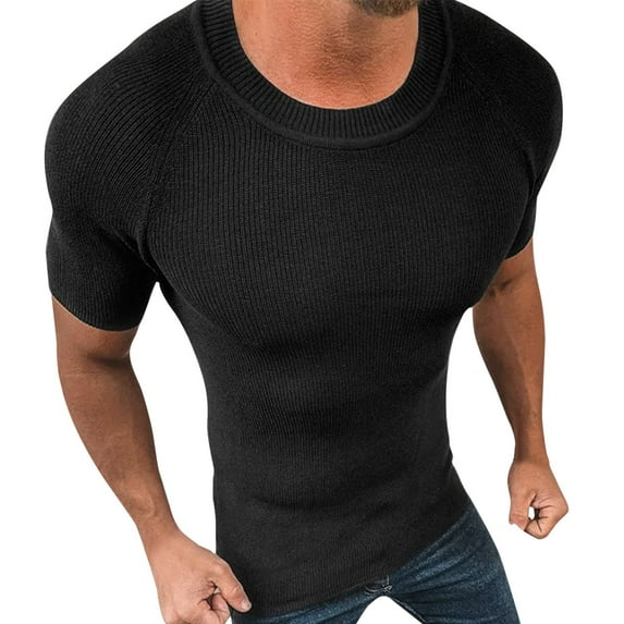 Bcfgryg Mens Knitted Shirt Solid Color Slim Fitting Short Sleeved Pullover Sweater Top Men’s T-shirts