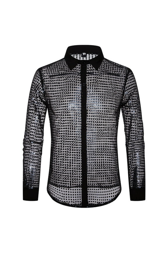 Mens Long Sleeved Performance Wear Sequin Shirt Long Sleeved Lapel 70s Disco Party Wear Trend Long Sleeved Shirt Dress Shirts For Men Black