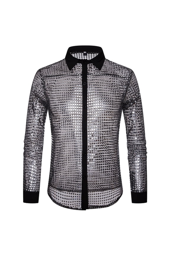 Mens Long Sleeved Performance Wear Sequin Shirt Long Sleeved Lapel 70s Disco Party Wear Trend Long Sleeved Shirt Dress Shirts For Men Silver