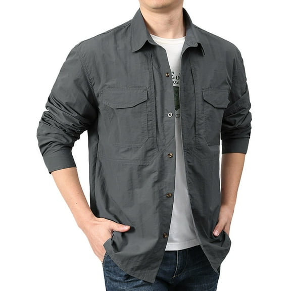 Bcfgryg Mens Loose Cargo Shirt Outdoor Casual Pure Cotton Youth Shirt Fashion Solid Color Men's Linen Shirts Summer