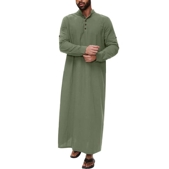 Bcfgryg Mens Middle Arabic Style Simple Long Mens Button Muslim Robe Long Sleeve Robe Side Slit Robe Button Pocket Robe Men's Casual Shirts