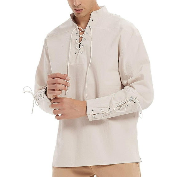 Bcfgryg Mens Retro Loose Linen Shirt Lace up Long Sleeve Performance Clothes White