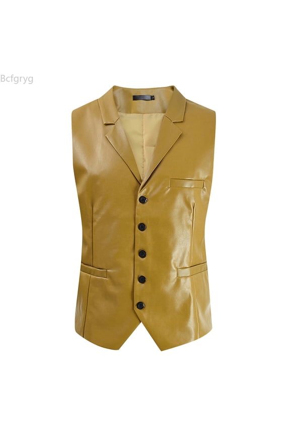Mens Slim Fit Leather Vest PU Leather Vest Single Breasted Vest Vest For Men Yellow M